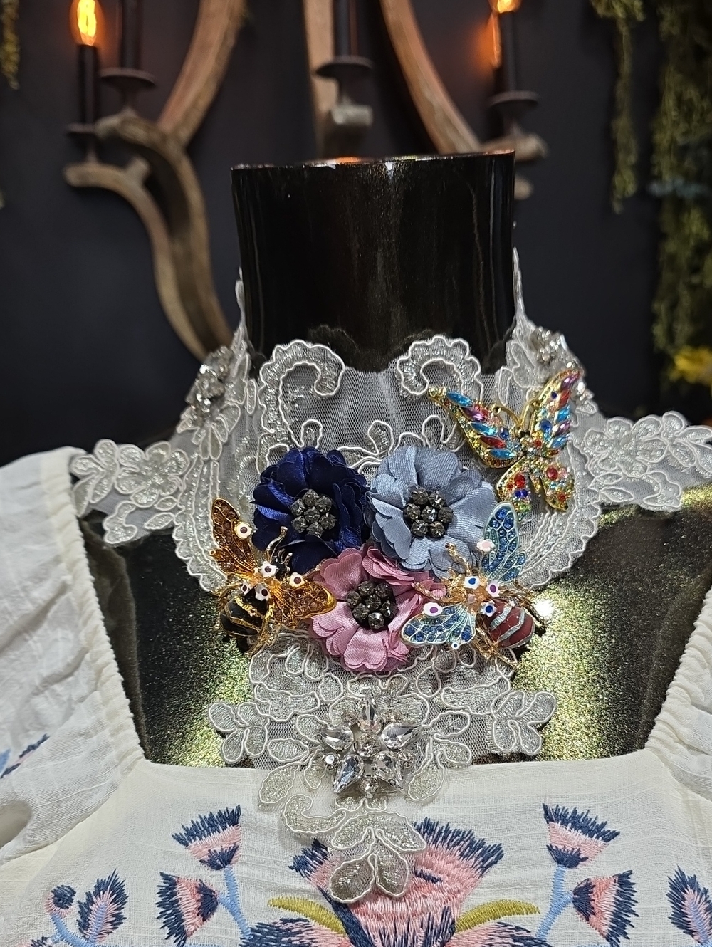 Aratta Embroidered Lace Bib w/ Brooches, Floral Motifs & Crystal